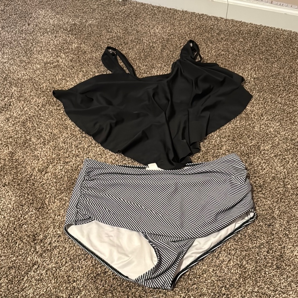 Black Ruffled Tankini Top with Striped Bottoms